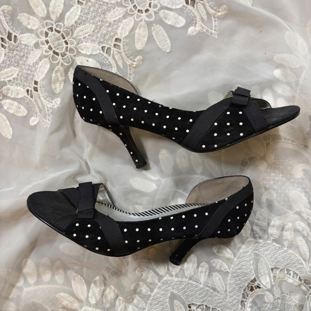 Cutie Y2K Vintage Polka Dot Peep Toe d'Orsay Heels Black White Bow Size 11